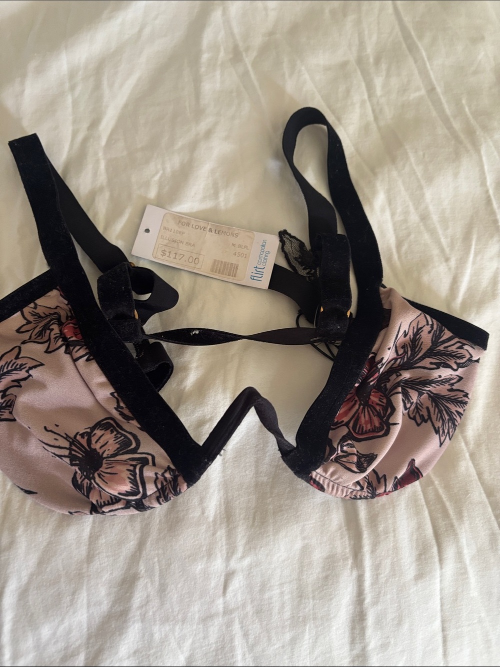 For Love And Lemons Pink Floral Bra with Black Velvet Trim
